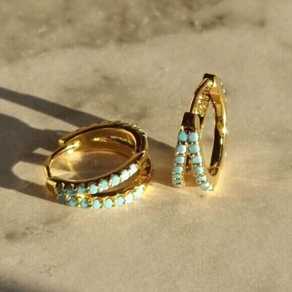 Tiny Gold Huggies Turquoise CZ Stones Dainty Gold Huggies Everyday Jewelry CUTE - Picture 1 of 10
